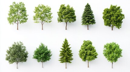 various green trees with different shapes and sizes, isolated on a white background.