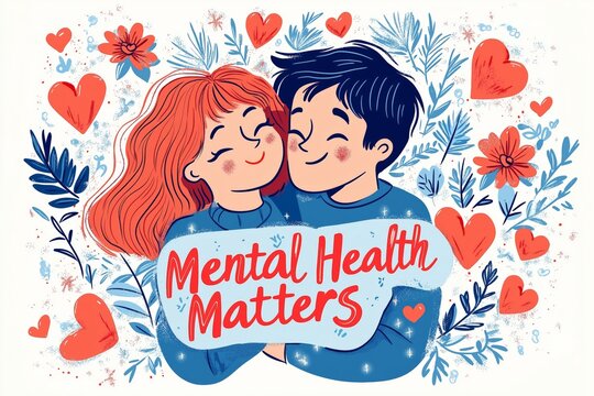 Illustration of a couple embracing with "Mental Health Matters" text surrounded by hearts and flowers, symbolizing love, support, and mental health awareness