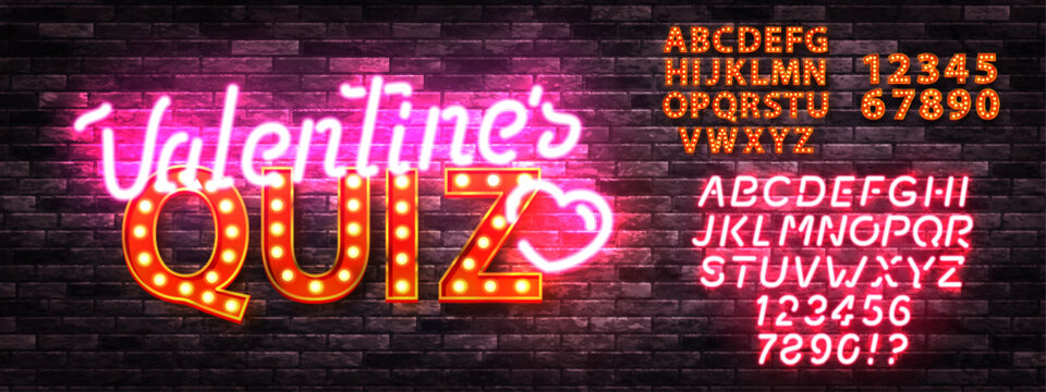 Vector neon sign of Valentine's Quiz with neon alphabet and billboards isolated on wall background.