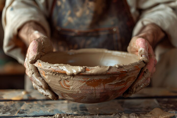Close up of male potter hands taking clay from a bowl