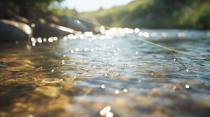 Fototapeta premium Sunlight sparkles on a shallow, clear stream flowing over smooth river rocks.