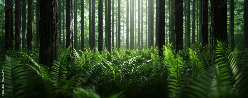 Poster a serene forest scene featuring tall trees and lush ferns, illuminated by soft sunlight filtering th