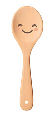Lovely wooden spoon icon with a smiling face on the handle, light brown tones, cartoon style, on a white background