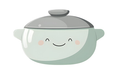 Obraz premium Sweet pot icon with a lid, gentle face on the pot, pastel green and gray colors, cartoon style, on a white background