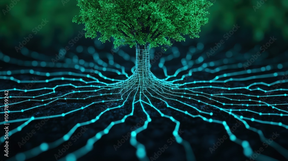 Poster a digital tree with glowing roots and circuits, symbolizing the connection between nature and techno