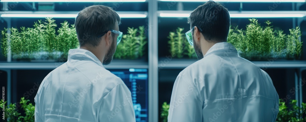 Poster two scientists in lab coats observe plants in a high-tech laboratory, surrounded by green foliage an
