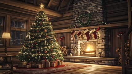Fototapeta premium Cozy Christmas Cabin with Fireplace and Tree