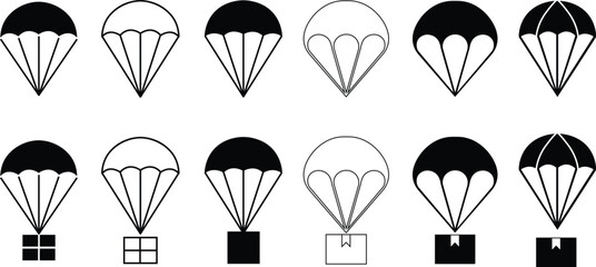 Parachute icons set flat and line styles. Delivery service symbol. Free descent and flight in space delivery gift and good with sudden pleasant surprise help Vector isolated on transparent background.