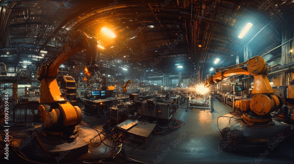 Poster an automated industrial facility, with an engineer manager analyzing data from a central control roo