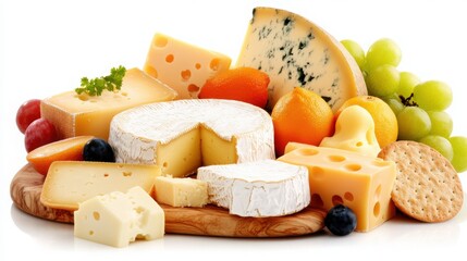 Assorted Cheeses and Fruits on Wooden Board
