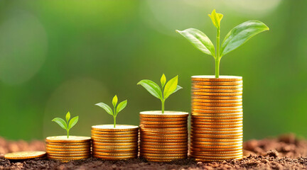 A stack of gold coins with a growing green plant on top
