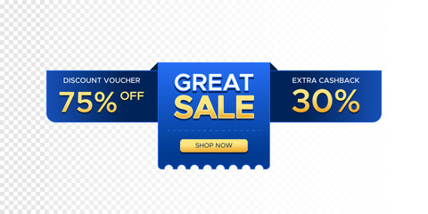 Great sale, discount voucher 75 percent off and extra cashback 30 percent design banner in transparent background. Perfect for promo, marketing, promotion, sale, discount, online sale, web, marketplac
