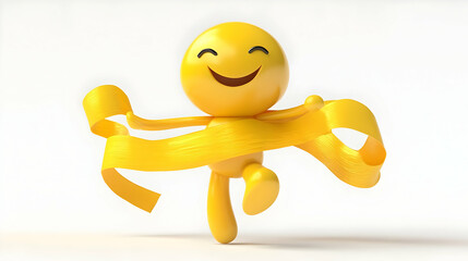 Joyful 3D Illustration Yellow Emoji Crossing Finish Line