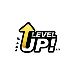 Level up text with modern ornament, golden arrow and silver gradient isolated on white background. Design for logo, icon, game, business, achievement, level up, and celebrating. Vector illustration.