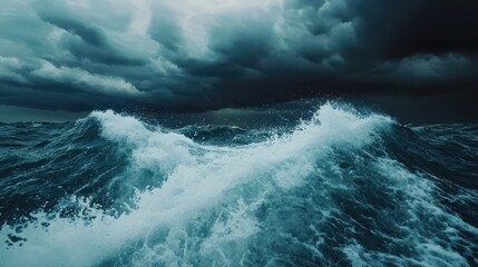 A tumultuous sea with crashing waves under a dark, stormy sky, evoking a sense of power and nature's raw beauty.
