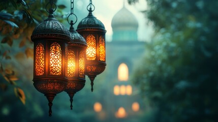 Obraz premium Green theme Ramadan background with lanterns on edges and corners, blurred mosque behind. ideal for cultural or religious themes, travel destinations, or Ramadan related designs.