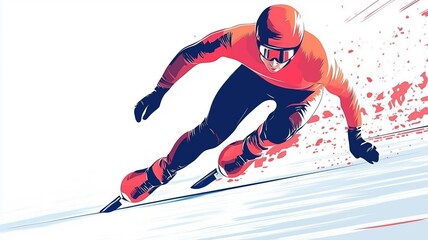 Colorful illustration,  a speed skating athlete isolated on white background, front view, impression of high speed. Winter sports theme. Design for T-shirt, poster, advertisement.