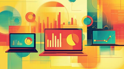 Naklejka premium A business analysis concept in flat design, featuring laptops, bar graphs, pie charts, and stylized teamwork visuals on a modern gradient background