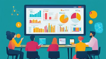 A business meeting where professionals review interactive data analytics dashboards on a large screen, with graphs and charts in bright colors