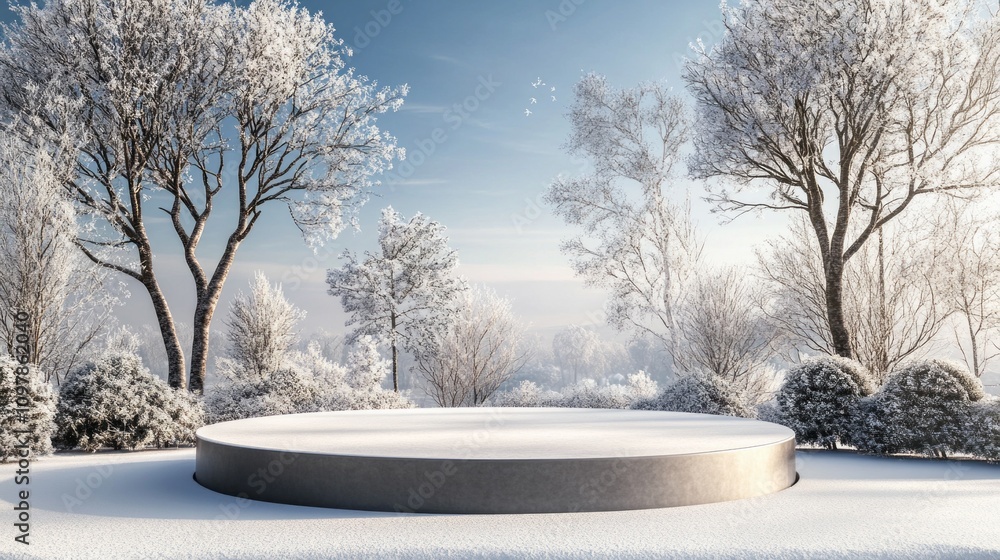 Poster a snow-covered park with a large, empty circular stage in the middle