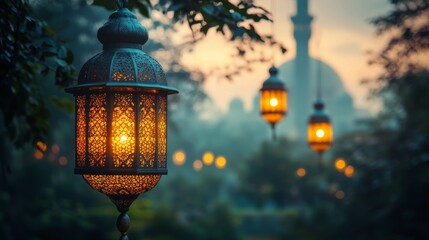 Green theme Ramadan background with lanterns on edges and corners, blurred mosque behind. ideal for cultural or religious themes, travel destinations, or Ramadan related designs.