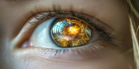 A detailed close-up of a woman's eye with a scientific laboratory setting faintly visible in the reflection.