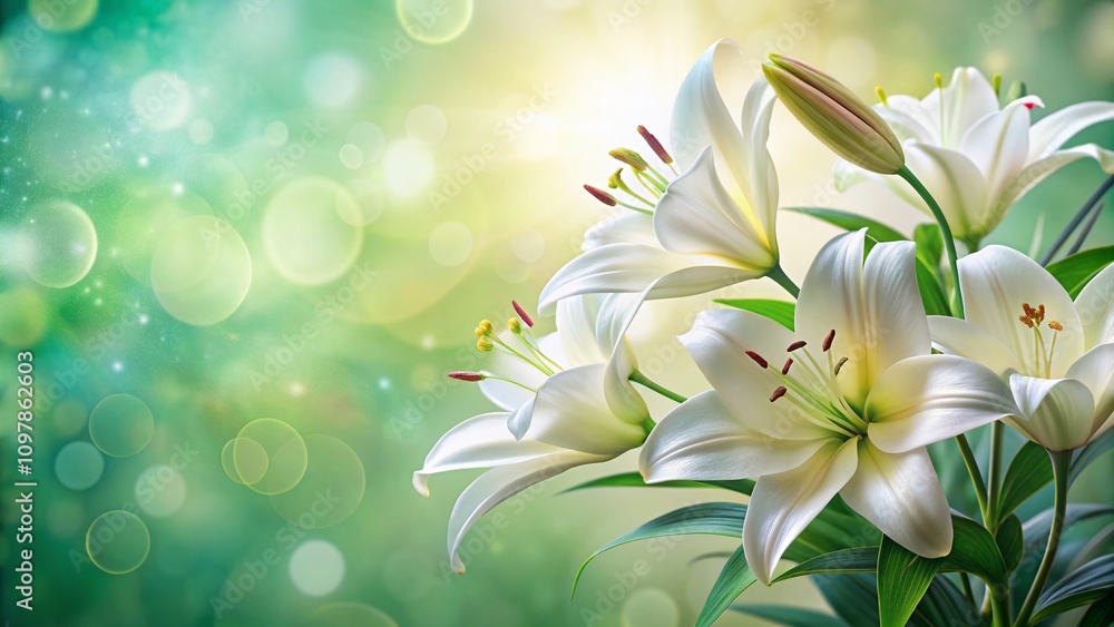 Poster elegant white lilies in bloom with soft focus background and ample copy space for text overlay or cr