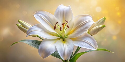Elegant White Lily Blossom on Soft Neutral Background with Delicate Petals and Vibrant Yellow Stamen, Perfect for Nature and Floral Photography Enthusiasts