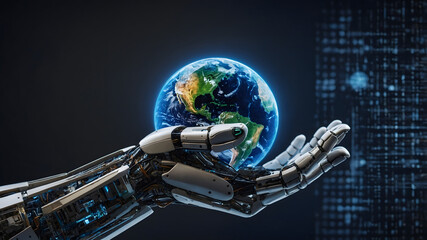 Fototapeta premium Global Robotic Android Communications 3D Illustration of Earth and Digital Network Connections