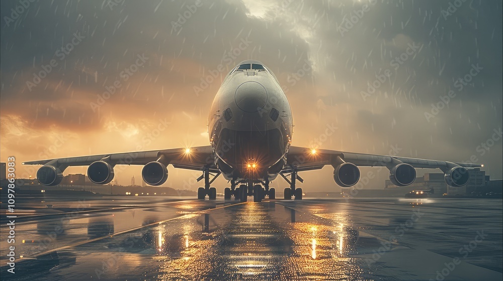 Poster a cargo plane captured from a low-angle, front-facing perspective as it takes off into the sky.