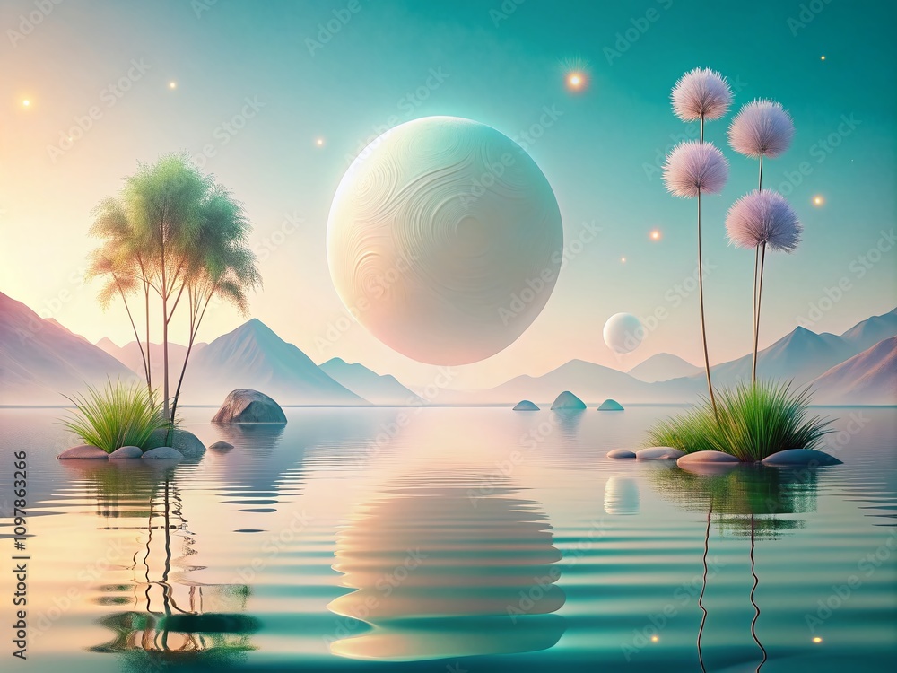 Aufkleber embracing good vibes: a minimalist approach to serenity and calmness in nature with soft pastels and