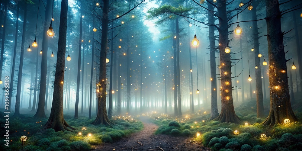 Poster enchanted dark misty forest with glowing lights and tall trees creating a mystical atmosphere of nat