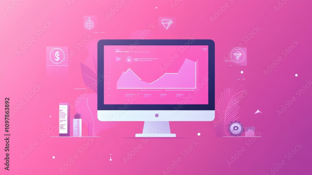 Fototapete a flat banner design concept with minimalistic elements showing a computer screen displaying data an