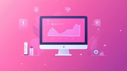 A flat banner design concept with minimalistic elements showing a computer screen displaying data analytics, surrounded by icons for market insights
