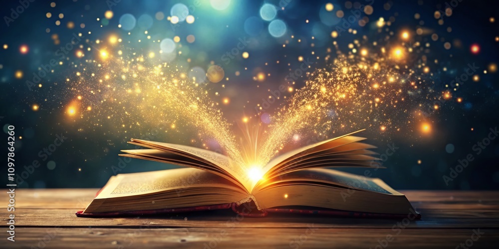 Poster enchanted open book glowing with magic particles, capturing the mystical essence of storytelling in 
