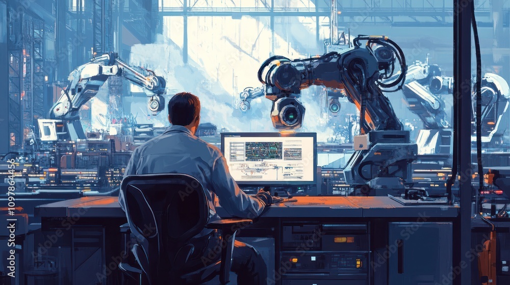 Poster engineer manager observing multiple robotic arms engaged in welding operations, while seated at a co