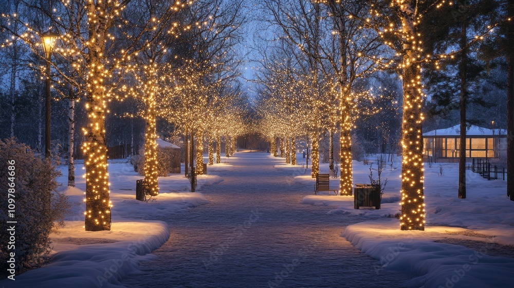 Poster a walkway with trees lit up with christmas lights