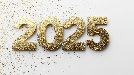 Bright golden "2025" in glitter texture, arranged artistically on a clean white background