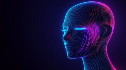 Obraz premium Futuristic abstract human head with intricate glowing patterns symbolizing data flow neural connectivity and digital intelligence in a vibrant purple and blue cyber setting
