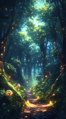 Obraz premium Mysterious enchanted forest at dusk, with towering trees covered in bioluminescent moss and glowing mushrooms along the path, anime style, wallpaper