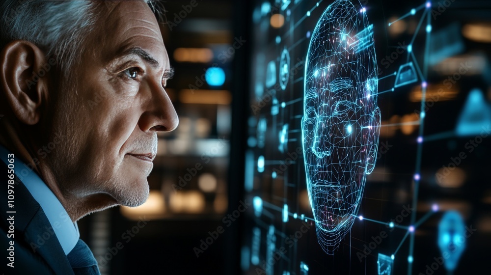 Aufkleber professional older man analyzing a glowing holographic digital interface with intricate network patt
