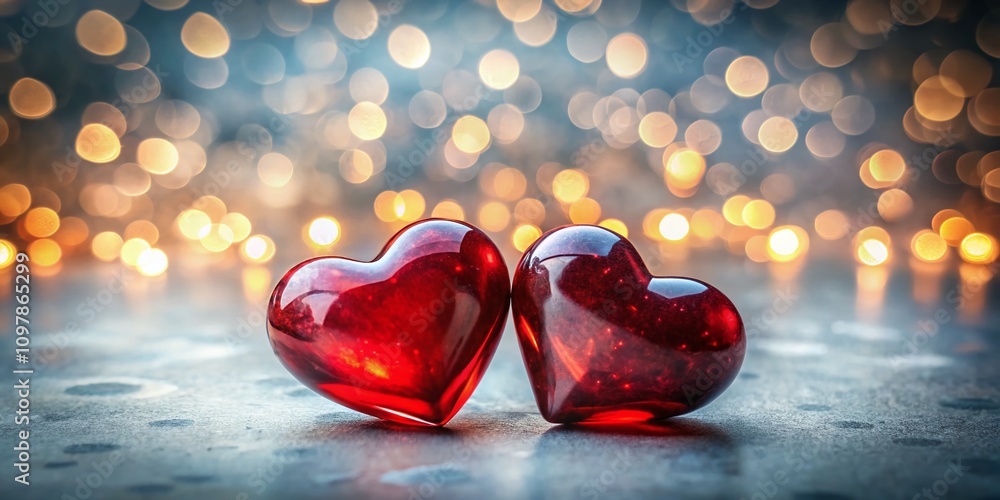 Aufkleber enchanting display of two red glass hearts surrounded by dreamy bokeh lights, creating a romantic an