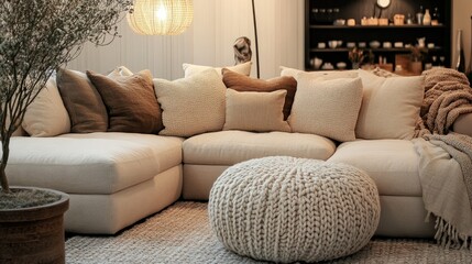 Fototapeta premium A homey living room with a large sectional sofa, textured throw pillows, a knitted pouf, and soft lighting from a floor lamp in the corner