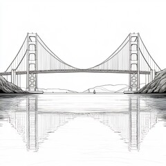 Obraz premium Minimalist Line Art of Suspension Bridge Over Bay Landscape