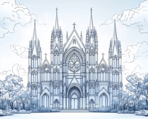 Fototapeta premium Minimalist Line Art of a Majestic Gothic Cathedral with Tall Spires and Pointed Arches