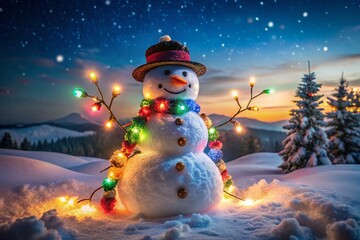 Fototapeta premium Enchanting Double Exposure of a Snowman Surrounded by Twinkling Festive Lights on a Snowy Night, Capturing the Magic of Winter Celebrations