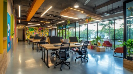 A modern co-working area with a mix of open desks, private cabins, and community spaces designed for creative and professional collaboration