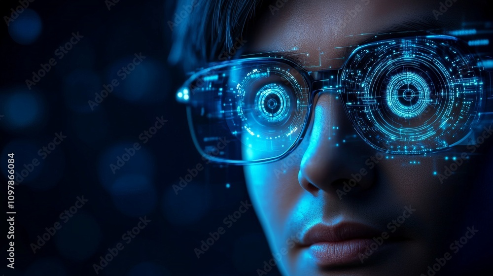 Poster young professional with tech themed glasses reflecting digital circuit patterns symbolizing innovati