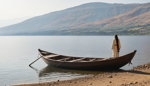 wooden boat from bible period of Jesus Christ  on the shores of Sea of Galilee 
