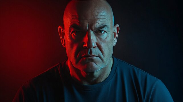 Bold bald man illuminated by intense red and black lighting conveying intensity focus and a mysterious dynamic personality with a cinematic and dramatic vibe